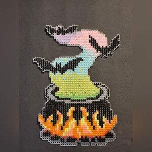 Handmade Yarn Cauldron & Bats Cross Stitch Wall Decor Tapestry
